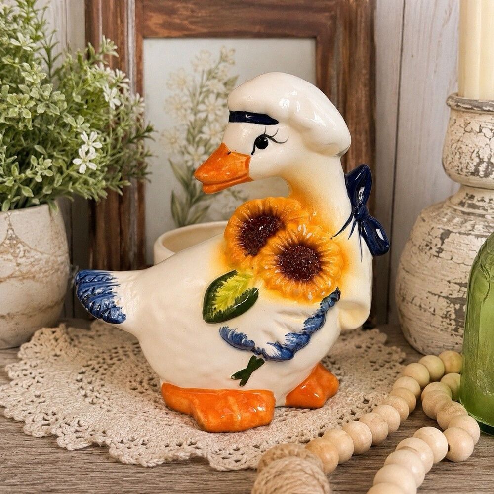 Vintage Ceramic Duck Planter Sunflower Trinket Dish Candle Holder Cottagecore